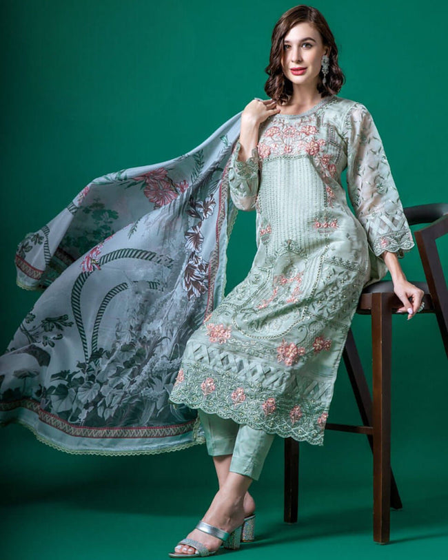 ReadyMade Pakistani Suits Collection Mint Color Party Wear Kurti with Pant & Dupatta