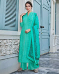 Aqua Green Colored Embroidered Palazzo Suit With Printed Dupatta