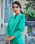 Aqua Green Colored Embroidered Palazzo Suit With Printed Dupatta