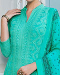 Aqua Green Colored Embroidered Palazzo Suit With Printed Dupatta