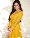 Delightful Yellow Colored Partywear Embroidered Silk Gown