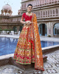 Red Color Bridal Wear Banarasi Silk Jacquard Woven Lehenga Choli