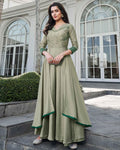 Entrancing Light Olive Green Colored Floral Embroidered Silk Gown