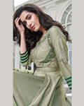 Entrancing Light Olive Green Colored Floral Embroidered Silk Gown