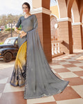 Dark Gray and Yellow Color Pure Georgette Digital Printed Designer Saree