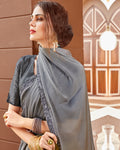 Dark Gray and Yellow Color Pure Georgette Digital Printed Designer Saree