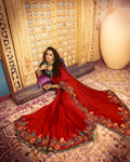 Red Color Fancy Embroidery Work Bridal Wear Heavy Saree