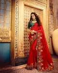 Red Color Fancy Embroidery Work Bridal Wear Heavy Saree