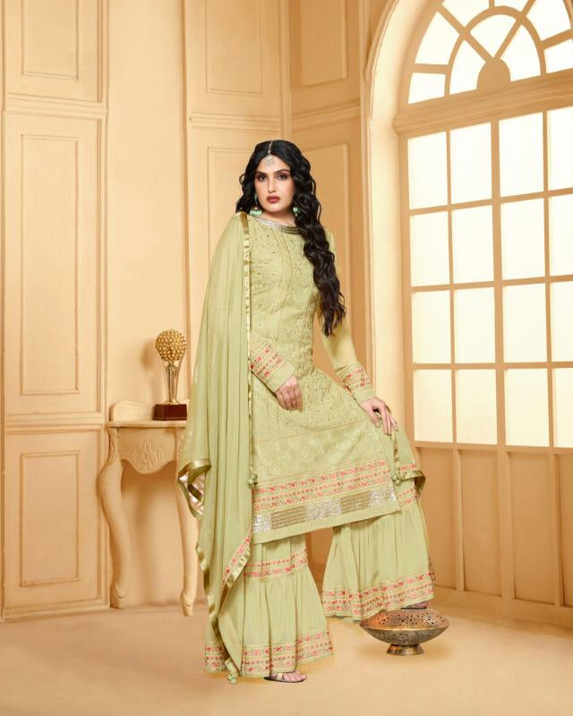 Olive Green Color Party Wear Fancy Unstitched Pakistani Sharara Suit