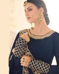 Navy Blue Color Semi-Stitched PartyWear Silk Anarkali Suit