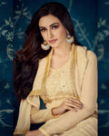 Light Yellow Colored Partywear Embroidered Georgette Palazzo Suit with Dupatta