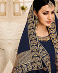 Navy Blue Color Semi-Stitched PartyWear Silk Anarkali Suit