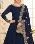 Navy Blue Color Semi-Stitched PartyWear Silk Anarkali Suit