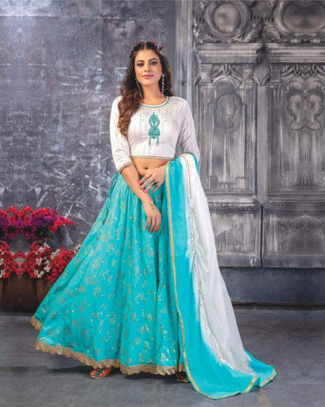 White and Blue Color Party Wear Crop Top with Maxi Skirt Set