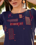 Navy Blue Color Casual Wear Rayon Embroidered Work Short Kurtis