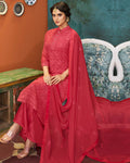 Pure Red Colored Georgette Embroidered Palazzo Suit With Dupatta