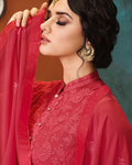 Pure Red Colored Georgette Embroidered Palazzo Suit With Dupatta