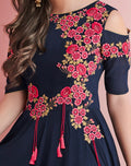 Navy Blue Colored Partywear Embroidered Faux Georgette Gown