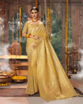 Light Yellow Color Festive Wear Cotton Jacquard Banarasi Silk Saree