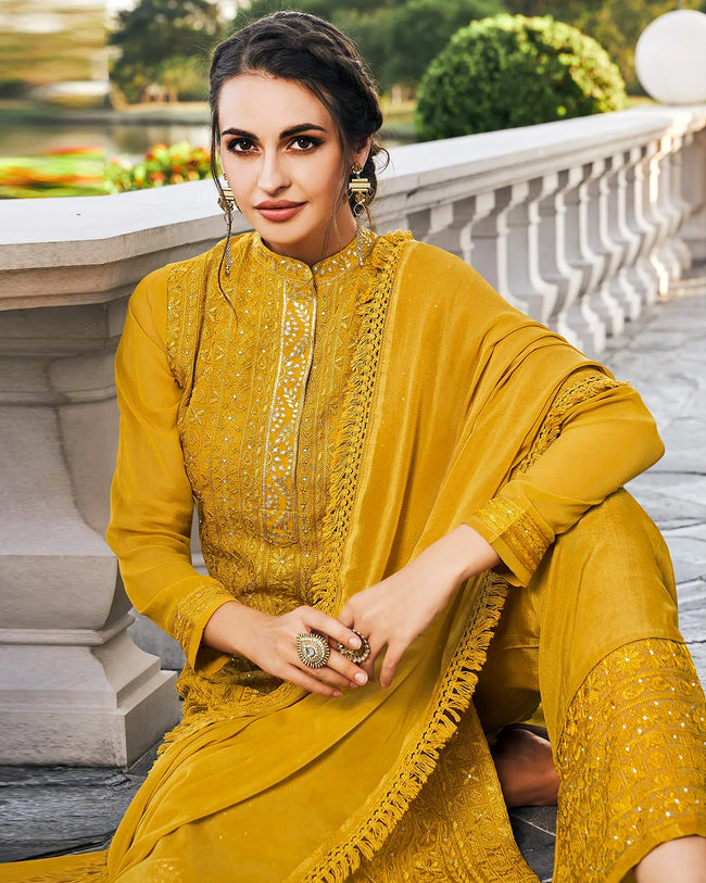 Mustard Yellow Color Festive Wear Pakistani Palazzo Suit with Dupatta