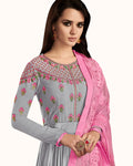 Grey Colored Partywear Embroidered Georgette Satin Anarkali Suit With Net Dupatta