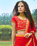 Red and Peach Color Bridal Wear Silk Jacquard Lehenga & Blouse with Dupatta