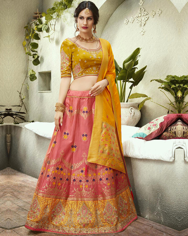 Pink and Yellow Color Wedding Wear Lehenga & Blouse with Dupatta