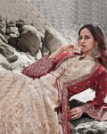 Beige Color Party Wear Net Semi Stitched Anarkali Gown Dress with Maroon Jacket