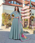 Bluish Gray Colored Partywear Embroidered Art Silk Gown With Muslin Silk Dupatta