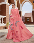 Peach Color Pure Georgette Embroidery Work Saree