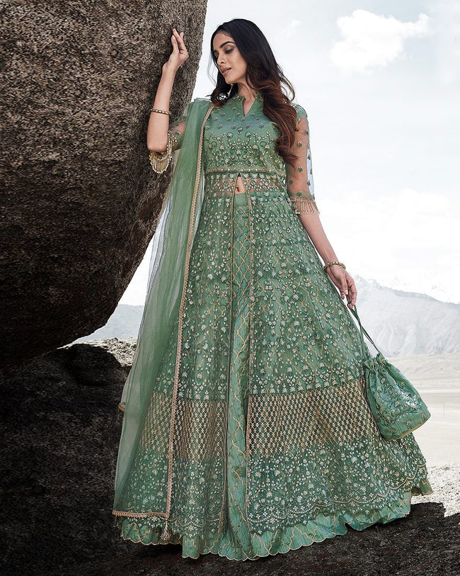 Olive Green Color Wedding Wear Net Semi Stitched Anarkali Gown Dress