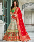 Off White-Green Color Wedding Wear Silk Jari Thread Work Lehenga