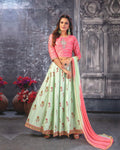 Pink and Sea Green Color Party Wear Crop Top with Maxi Skirt Set
