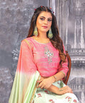 Pink and Sea Green Color Party Wear Crop Top with Maxi Skirt Set