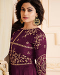 Dark Purple Color Wedding Wear Silk Semi Stitched Embroidery Anarkali Gown