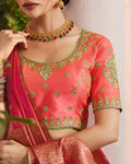 Peach-Green Color Festive Wear Silk Jacquard Embroidery Lehenga Choli