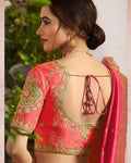 Peach-Green Color Festive Wear Silk Jacquard Embroidery Lehenga Choli