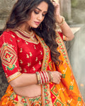 Red- Yellow Color Party Wear Silk Thread Work Lehenga Choli