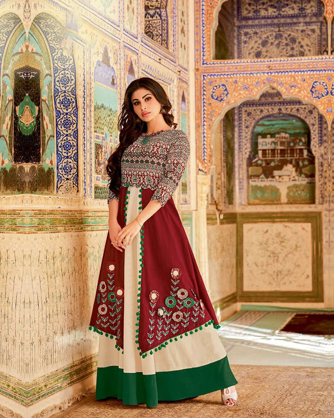 Attractive Cream Colored Printed Partywear Long Kurti