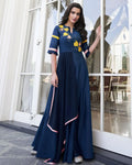 Navy Blue Colored Floral Embroidered Silk Gown