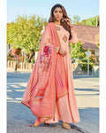 Peach Colored Partywear Embroidered Art Silk Gown With Muslin Silk Dupatta