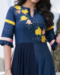 Navy Blue Colored Floral Embroidered Silk Gown