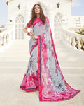 Pink and Grey Color Pure Georgette Digital Printed Saree