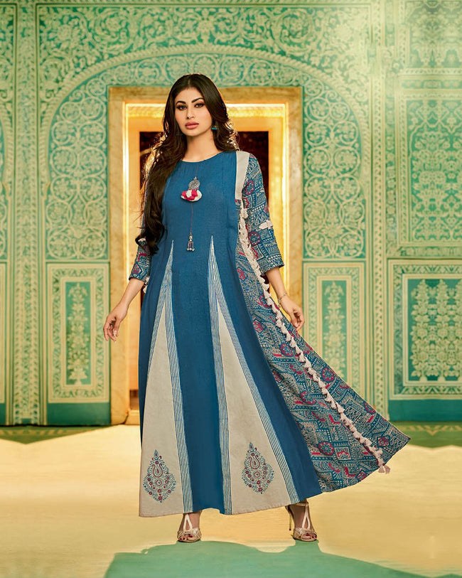 Gleaming Navy Blue Colored Partywear Printed Cotton Kurti