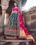 Teal Blue Color Party Wear Silk Jacquard Floral Woven Lehenga Choli