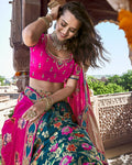 Teal Blue Color Party Wear Silk Jacquard Floral Woven Lehenga Choli
