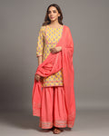 Yellow and Peach Color Jaipuri Cotton Handblock Gota Kurta and Sharara With Dupatta (Set of 3)