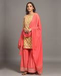 Yellow and Peach Color Jaipuri Cotton Handblock Gota Kurta and Sharara With Dupatta (Set of 3)