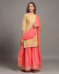 Yellow and Peach Color Jaipuri Cotton Handblock Gota Kurta and Sharara With Dupatta (Set of 3)