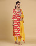 Red and Yellow Color Festive Wear Jaipuri Cotton Hand Block Gotta Patti Straight Kurta with Pant and Dupatta